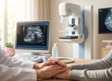 Médica ginecologista acolhendo as mãos da paciente em consultório moderno com aparelho de mamografia e tela de ultrassom, explicando a diferença entre mamografia e ultrassom.